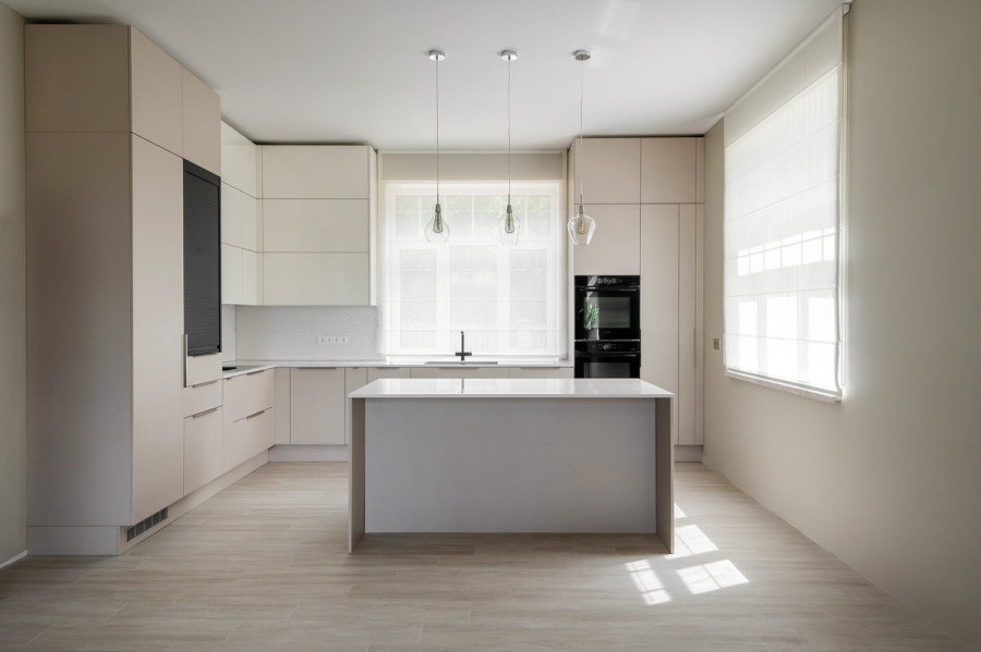 Modernas virtuves iekārtas gaišā mājoklī